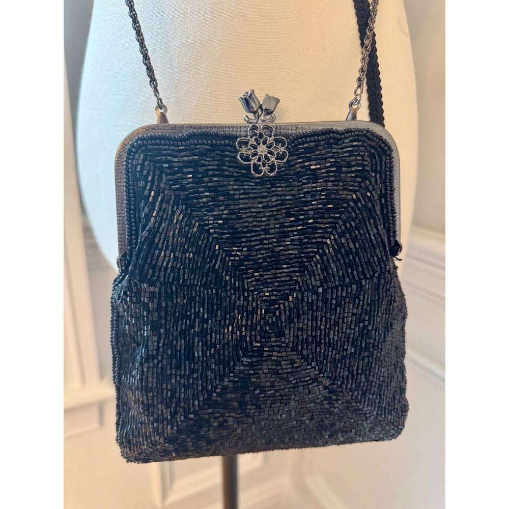 Vintage 1960s Lord & Taylor Black Beaded Evening Bag Floral Kiss Lock Purse‎